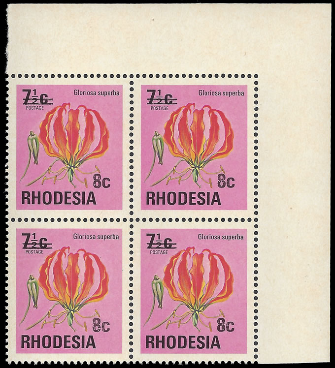 Rhodesia 1976 8c Flame Lily Surcharge Double, One Albino Block