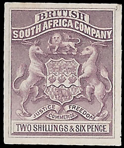Rhodesia 1892 2/6 Arms Imperf Plate Proof