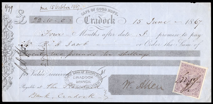 Cape of Good Hope 1867 Promissory Note Cradock