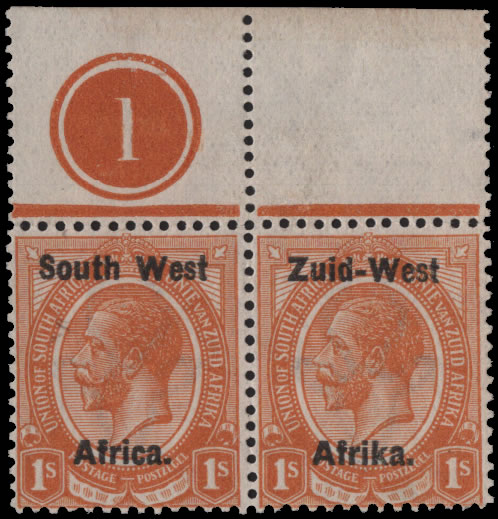 South West Africa 1923 KGV 1/- Type 1 Plate No1 Pair VF/UM