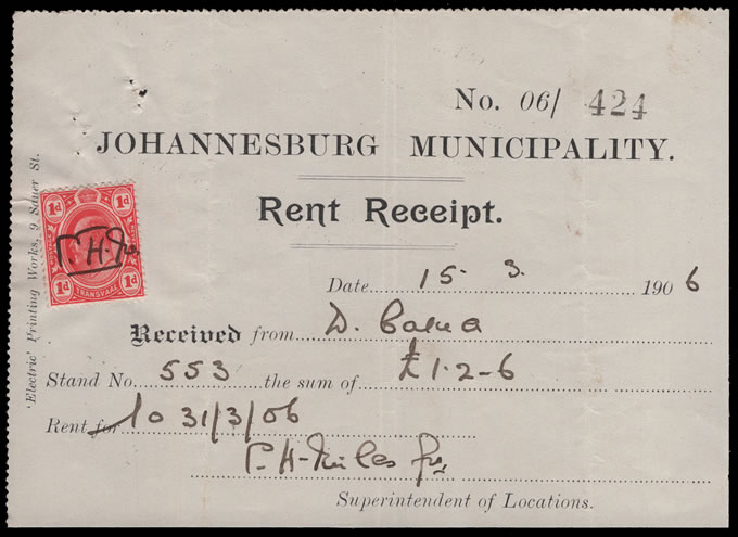 Transvaal Revenues 1906 Used on a Receipt