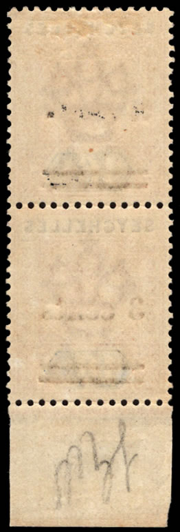 Seychelles 1901 QV 3c on 16c, "3 cents" Omitted in Pair, Cert