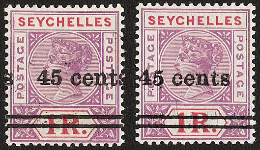 Seychelles 1902 QV 45c on 1R Misplaced Surcharges