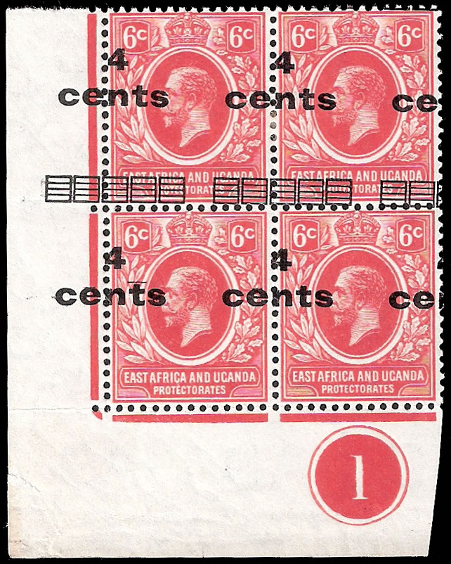 KUT 1919 4c Misplaced Surcharge in Plate Block