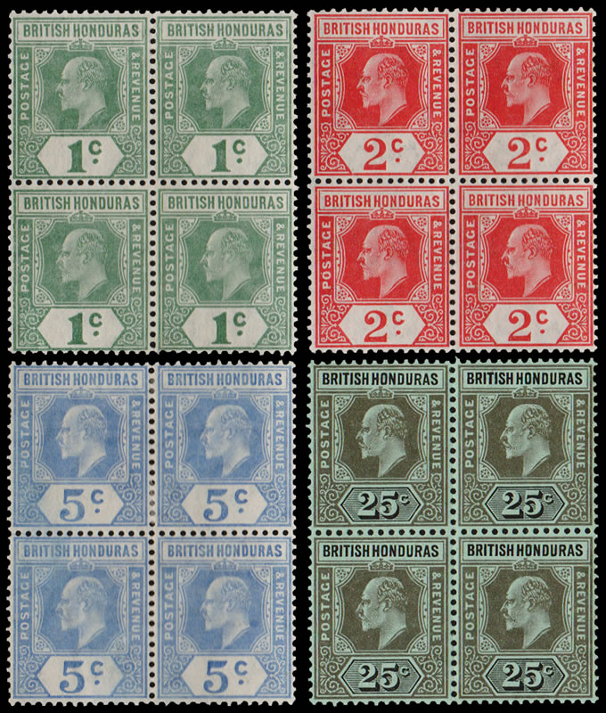 British Honduras 1908 KEVII New Colours 1c - 25c Full Set Blocks