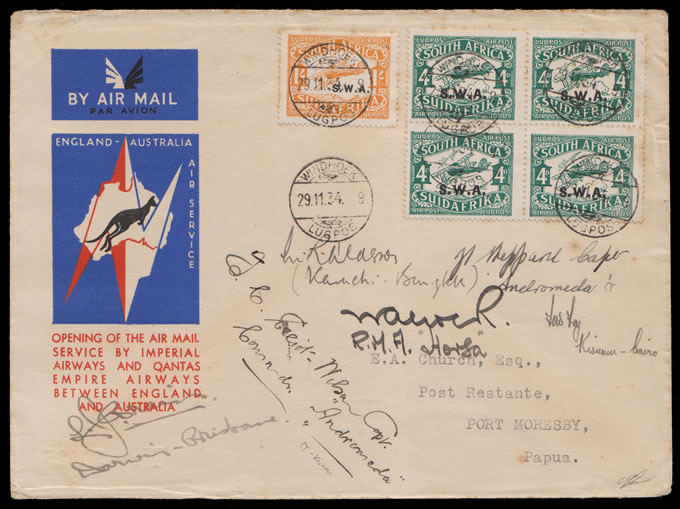 South West Africa 1934 Windhoek to Papua IA and QANTAS, Signed