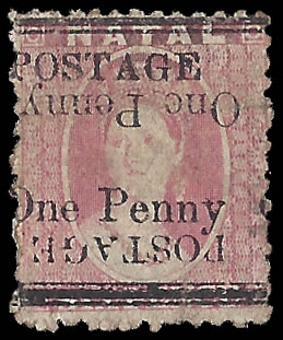 Natal 1877 1d on 6d Surcharge Double, One Inverted