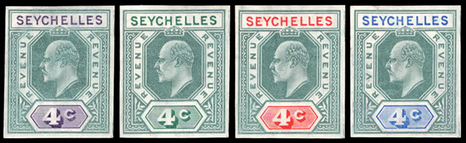 Seychelles Revenues 1906 KEVII Imperf Colour Trials, Rare