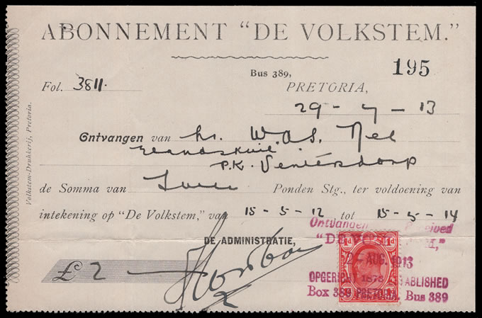Transvaal Revenues 1913 Used on a Receipt