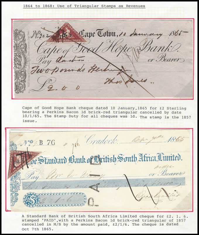 Cape of Good Hope 1865 Cheques, Pair with 1d Triangulars