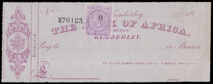 Griqualand West Revenues 1877 Vulcan Diamonds Cheque
