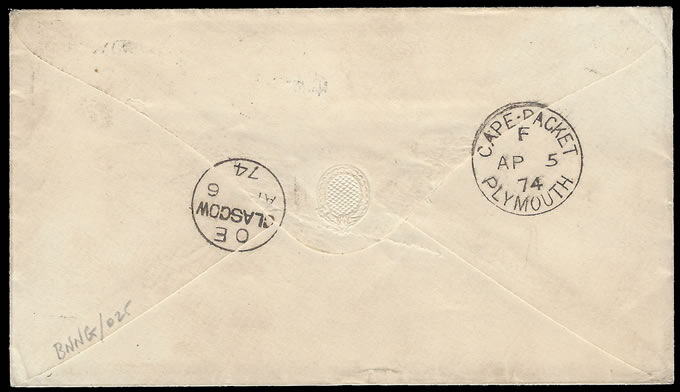 Natal 1874 QV 1/- Revenue Ovptd on Letter to Scotland