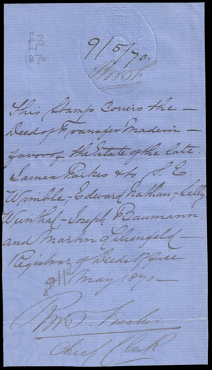 Cape of Good Hope 1870 QV £3 Embossed Revenue on Transfer