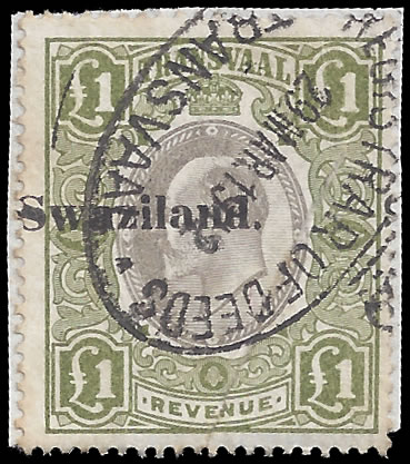 Swaziland Revenues 1904 Transvaal Overprinted KEVII £1 Misplaced