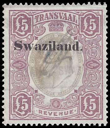 Swaziland Revenues 1904 Transvaal Overprinted KEVII £5 Unique
