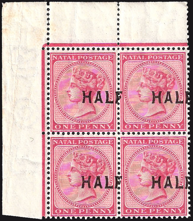 Natal 1895 QV Half Shifted Overprint Variety in Block