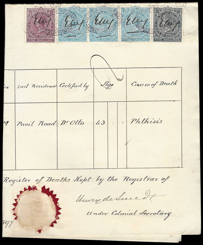 Cape of Good Hope 1897 Death Certificate, 15/- QV Revenues