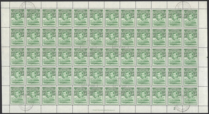 Basutoland 1938 KGVI ½d Green Full Sheet CTO Mafeteng