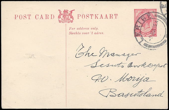 Basutoland 1925 SA KGV 1d Postcard Leribe to Morija