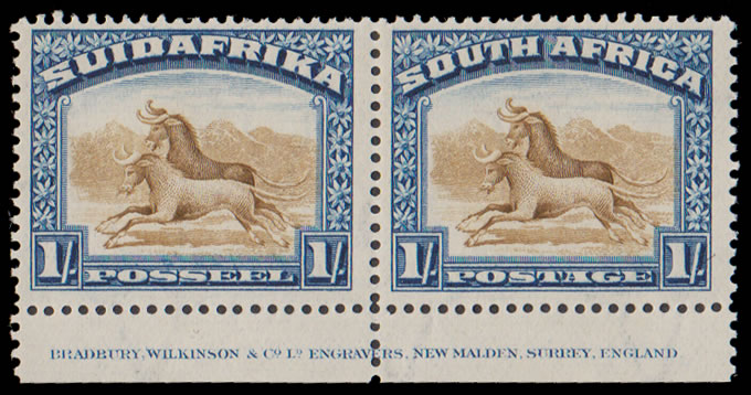 South Africa 1927 1/- Imprint Pair, Perf Down, Lightly M