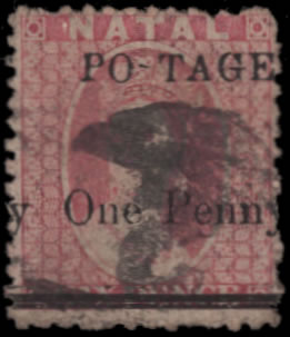 Natal 1879 1d on 6d "S" of "Postage" Omitted F/U