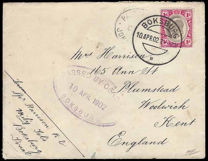Transvaal 1902 Boksburg Censor Mark, 5 Months Use