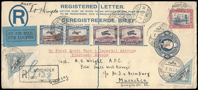 South West Africa 1932 First Windhoek - Kimberley Feeder, Signed