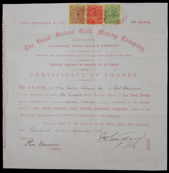 Cape of Good Hope 1889 Share Certificate Great Britain Gold
