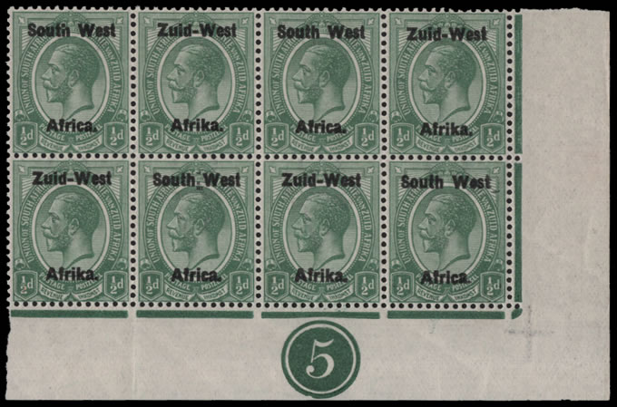 South West Africa 1923 KGV ½d Type 1 Plate No5 Corner Block UM