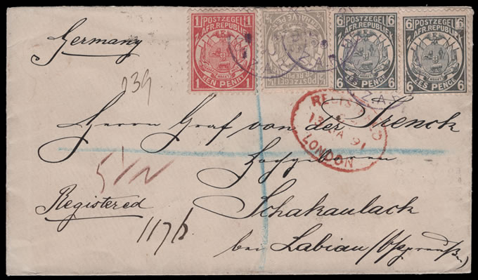 Transvaal 1890 Vurtheim 13½d Registered Pietersburg to Germany