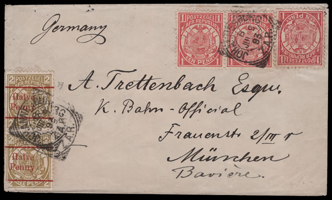 Transvaal 1893 Vurtheim 4d Rate Johannesburg to Germany