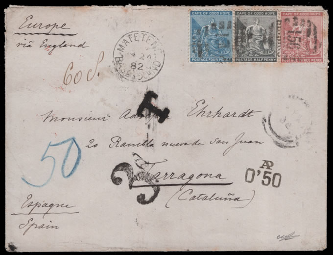 Basutoland 1882 Three-Colour Letter Mafeteng to Spain, BONC 156