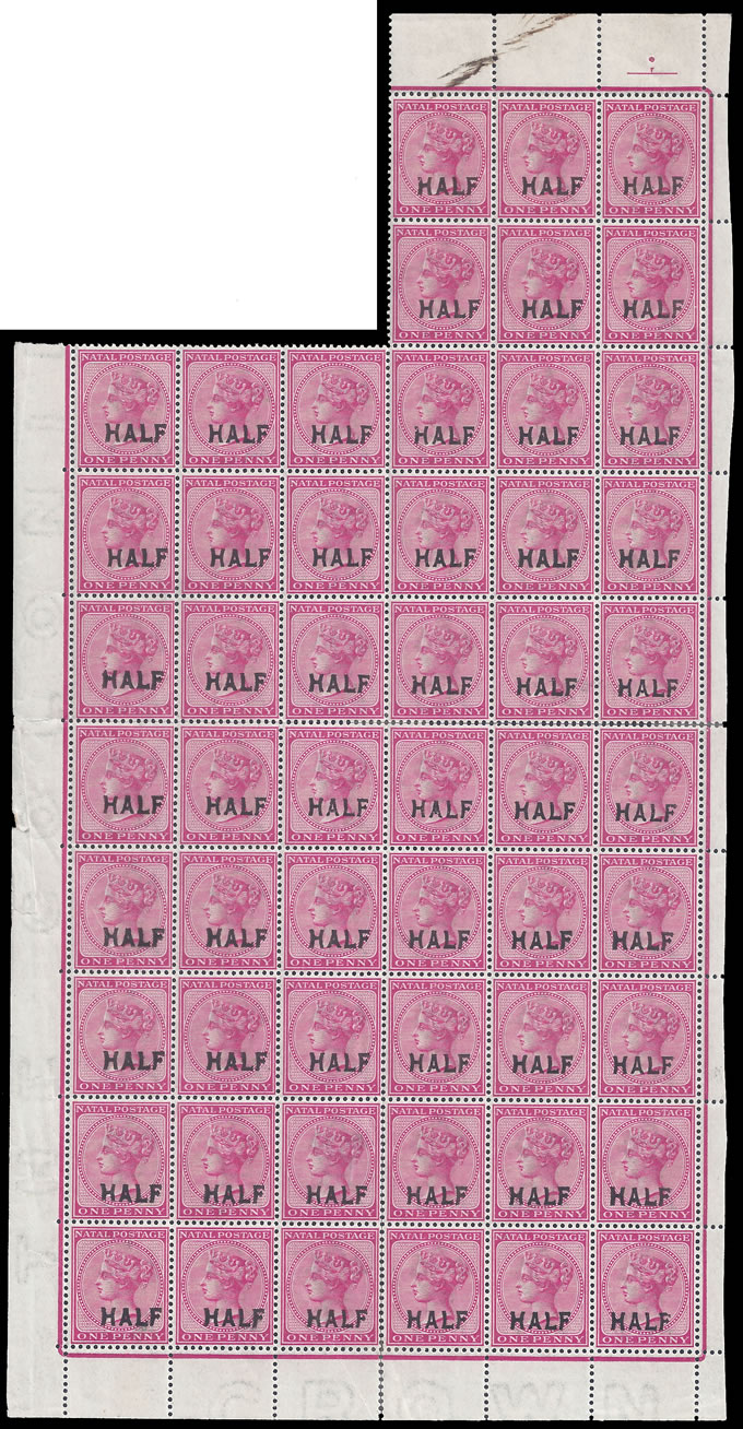 Natal 1895 Half on 1d Rose Large Part Pane, 54 Stamps