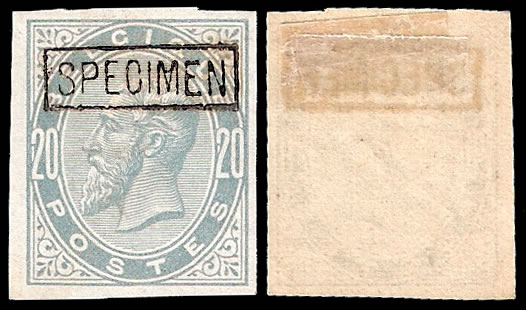 Belgium 1883 20c Imperf, Handstamped Specimen.