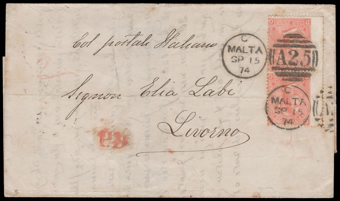 Malta 1874 GB Used In: 4d 's, A25 Duplex, Tajar Entire Letter