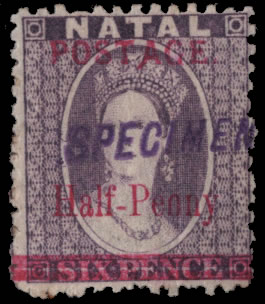 Natal 1895 ½d on 6d Long "A" Handstamped Specimen