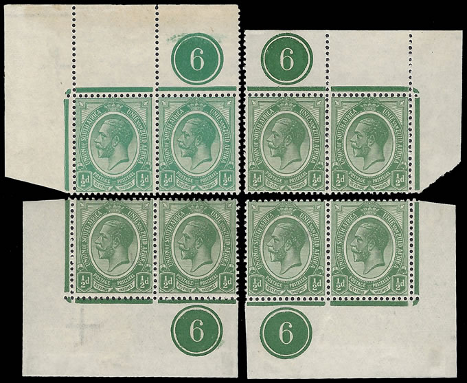 South Africa 1913 KGV ½d Plate No 6 All 4 Corners UM