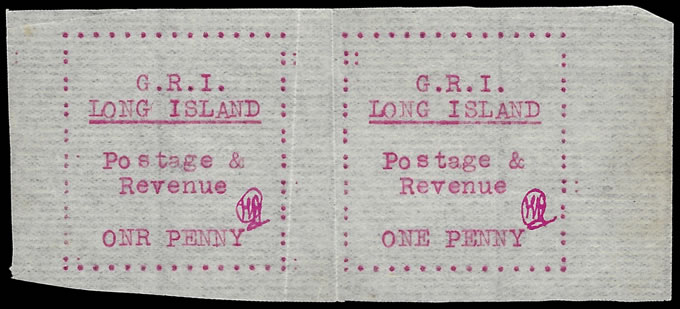 Long Island 1916 Typewritten 1d Red Variety "Onr" in Pair