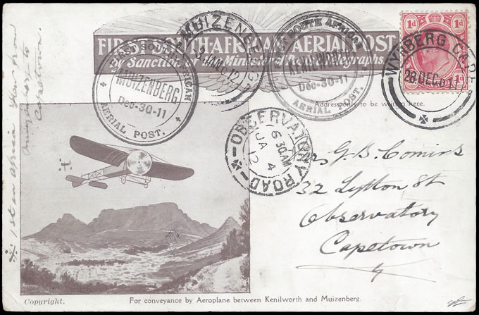 South Africa 1911 Second Flight Card Kenilworth - Muizenberg