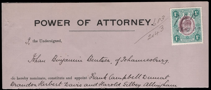 Transvaal Revenues 1909 Power of Attorney