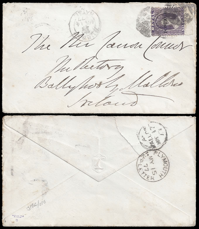 Natal 1877 QV Chalon 6d Postage Durban to Ireland