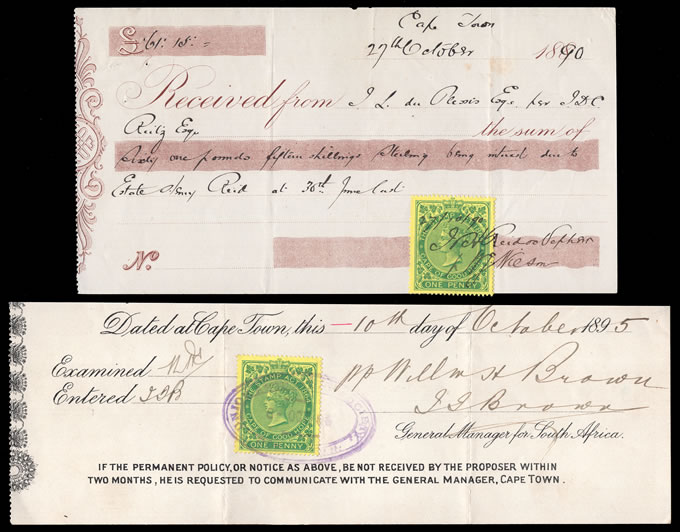 Cape of Good Hope 1890-95 Receipts with 1d Revenues on Yellow