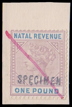 Natal Revenues 1885 QV £1 De La Rue File Specimen, Rare