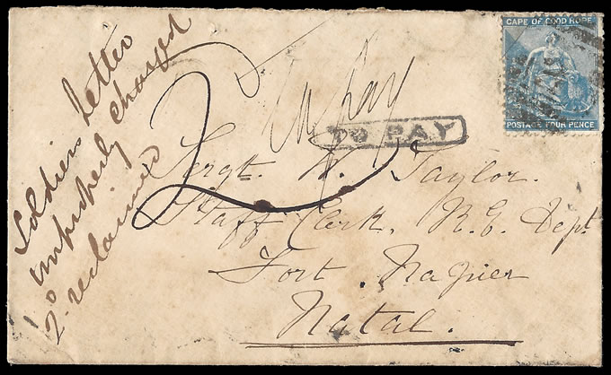 Natal 1871 Incorrectly Taxed Reverse Direction Soldier's Letter