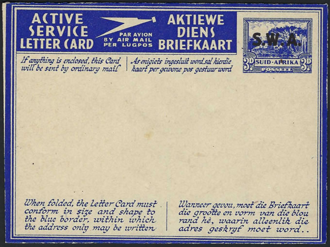 South West Africa 1943 Aerogramme Type IVvar UNRECORDED, Rare