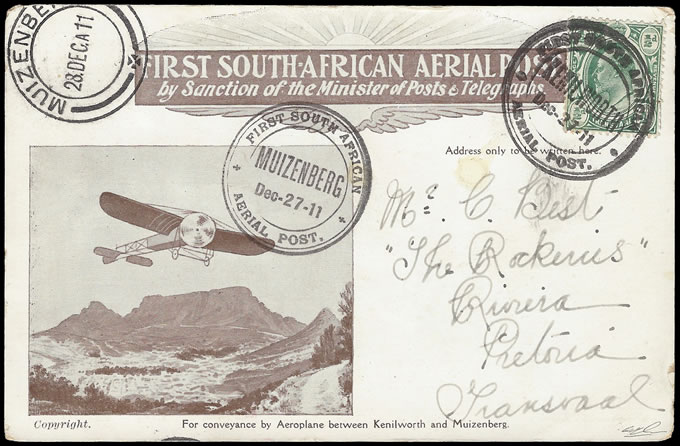 South Africa 1911 First Flight Card Kenilworth - Muizenberg