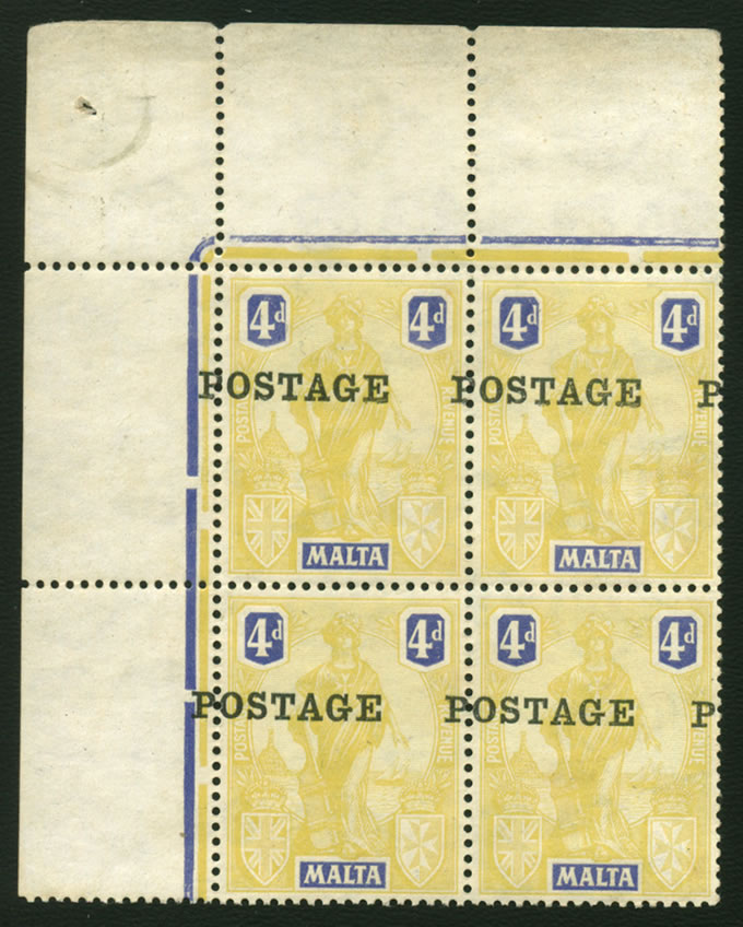 Malta 1926 4d Misplaced Overprint, Rare Block