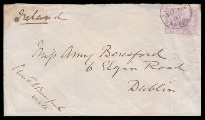 Natal 1881 Officer's Letter at 6d Rate