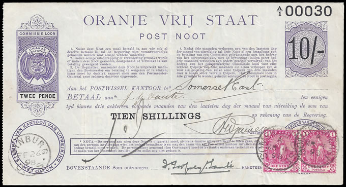Orange Free State 1898 Postal Note 10/- Money Order to Cape