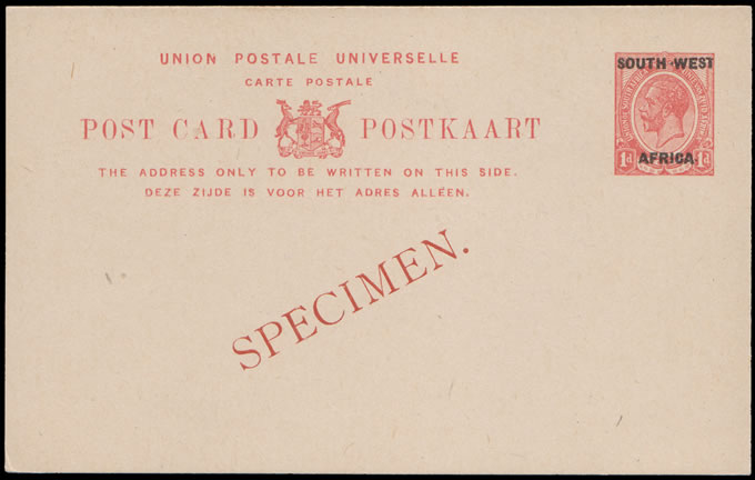 South West Africa 1923 KGV 1d Postcard Specimen, Varieties
